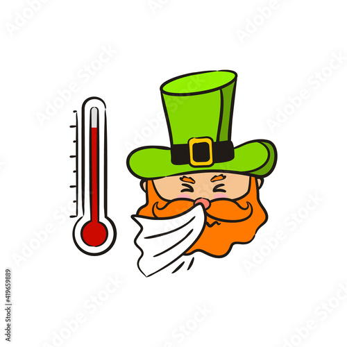 Hand-drawn sick Leprechaun with fever. Infected sneezing character. Vector irish illustration on the subject of symptoms, quarantine, medicine, safety and health. Saint Patrick's Day