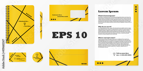 Realistic mock up workspace objects. Notebook cover, pen, badge, card, post and letter in yellow and black corporate colors to jot down your ideas. Vector designs.