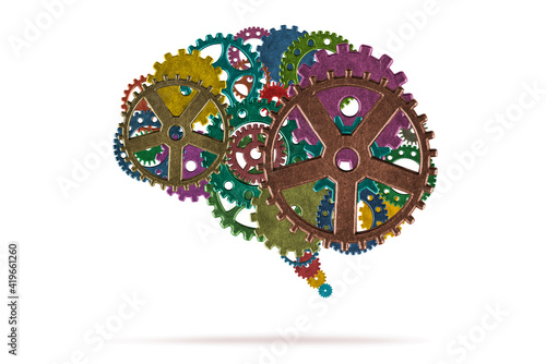Human brain with colorful metallic gears on white background