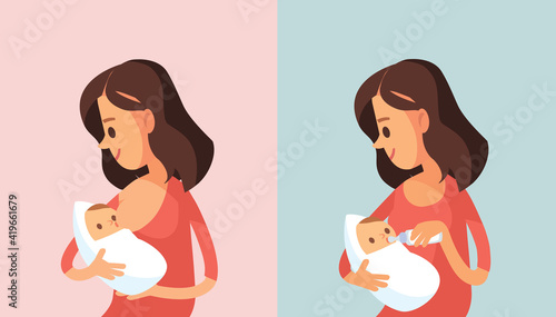 Vector. Pretty young woman, mom, mother feeding newborn baby holding him in her arms. Pregnant woman.Vector illustration. Flat design. Mom nursing baby. Nursery interior. Mother breast feeding baby.