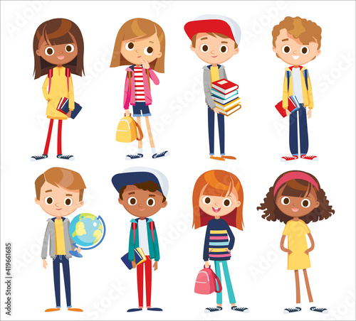 Vector set with cute kids. School children freshmans, pupils with books and school stationery supplies.Teenagers characters standing in different poses, clothes, wear.Child fashion models.Kids apparel