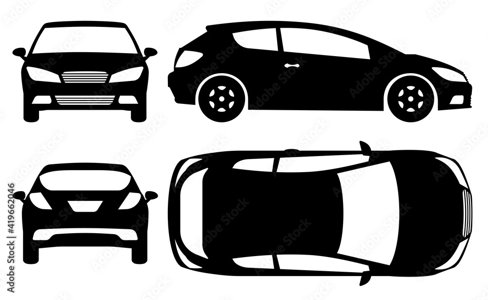Hatchback car silhouette on white background. Vehicle icons set view