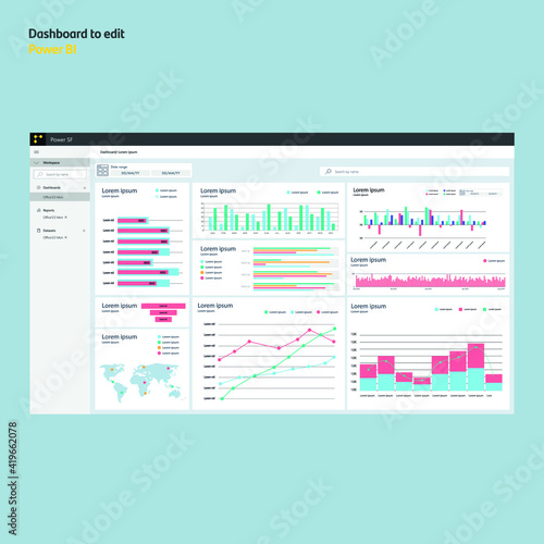 Dashboard graphs power bi. Graph report. Business theme. EPS10