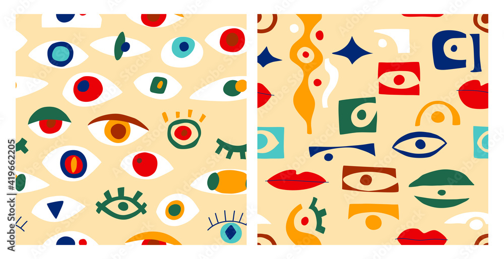Eye abstract pattern set, geometric shapes in contemporary style.Vector greek seamless pattern with look, eyes in modern collage style. Abstract hand drawn shapes.Colorful trendy background collection Eye abstract pattern set, geometric shapes in contemporary style.Vector greek seamless pattern with look, eyes in modern collage style. Abstract hand drawn shapes.Colorful trendy background collection