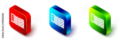Isometric Musical instrument accordion icon isolated on white background. Classical bayan, harmonic. Red, blue and green square button. Vector.