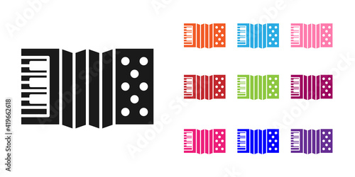 Black Musical instrument accordion icon isolated on white background. Classical bayan, harmonic. Set icons colorful. Vector.
