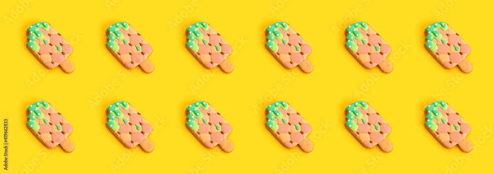 Colorful Ice cream pattern on yellow background иттук. Summer concept. Flat lay. Colorful Ice cream pattern on yellow background иттук. Summer concept. Flat lay.