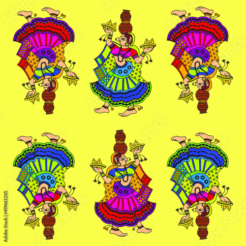 Kalamkari Indian traditional art on linen fabrics. Gopika or Lord's lady servants are drawn in different backgrounds. for textile printing, logo, wallpaper