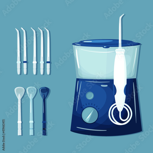 Flat vector illustration of oral hygiene products and tools for cleaning teeth. Electric oral irrigator and various attachments for it.