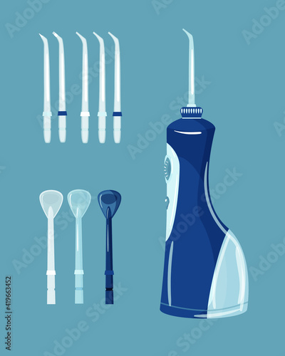 Flat vector illustration of oral hygiene products and tools for cleaning teeth. Portable oral irrigator and various attachments for it.