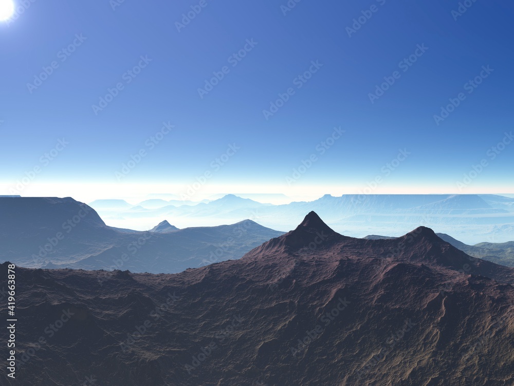 Illustration of a beautiful and inspirational landscape with mountains, blue sky, and water