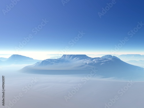 Illustration of a beautiful and inspirational landscape with mountains, blue sky, and water © Mila Agirre Photo