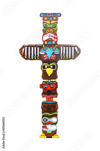 A Brightly Painted and Decorated Wooden Totem Pole.