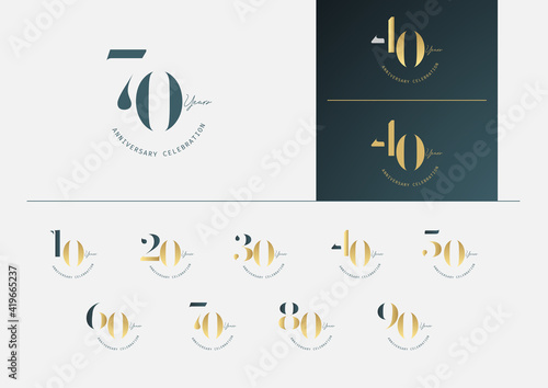 Foto Set of anniversary logotype with minimalism gold, silver and blue color style for celebration event