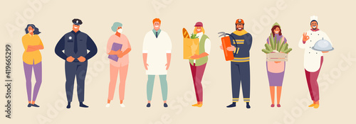 Current and important professions people group. Police officer, fireman, cook, doctor, courier, hotline. Labor Day vector illustration