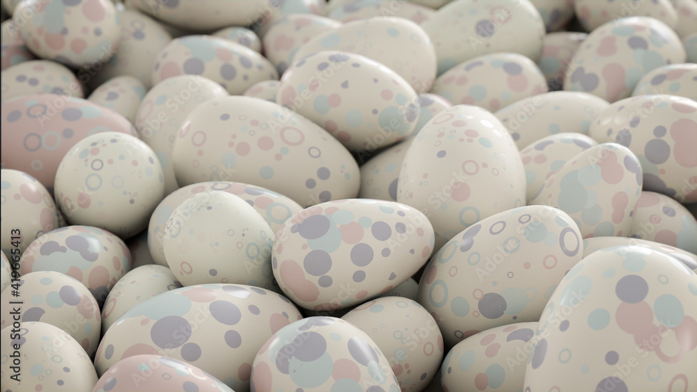 Multicolored, Easter Egg background. Beautiful White, and Pastel Eggs with Spotted, Circle and Ring patterns. 3D Render Multicolored, Easter Egg background. Beautiful White, and Pastel Eggs with Spotted, Circle and Ring patterns. 3D Render