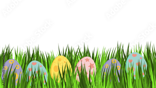 Empty easter card with eggs in pastel colors. Great for banner or invitation template.  Few ornamental egg lying on green grass. Holiday vector design on white background.