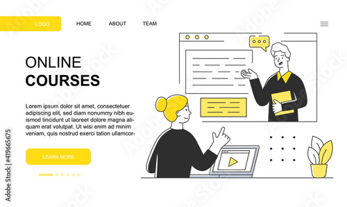 Female character is studying on online courses. Young woman is watching educational video with professor at home. Website, web page, landing page template. Flat cartoon vector illustration