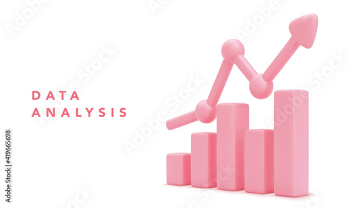 Data analysis concept banner. Growing bars graphic with rising arrow. Vector illustration