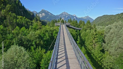 Baumkronenweg Ziegelwies in town Fussen in Bavarian Alps, river Lech. Town Füssen near Neuschwanstein castle, Bavaria, Germany.