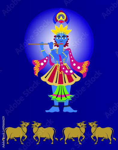 Lord Krishna Indian God of love. in Madhuni painting style on wall, Jaipur, Rajasthan