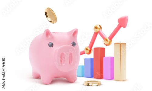 Realistic piggy bank with 3d colour growing bars and arrow isolated on white background. Vector illustration for banner, poster, advertising.
