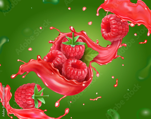 Raspberry juice and sweet berry fruit on green background. Fresh raspberry beverage splash Vector illustration