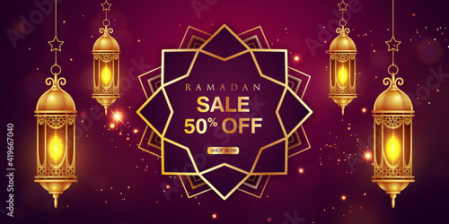 Ramadan sale horizontal banner with realistic golden lanterns and shining stars
