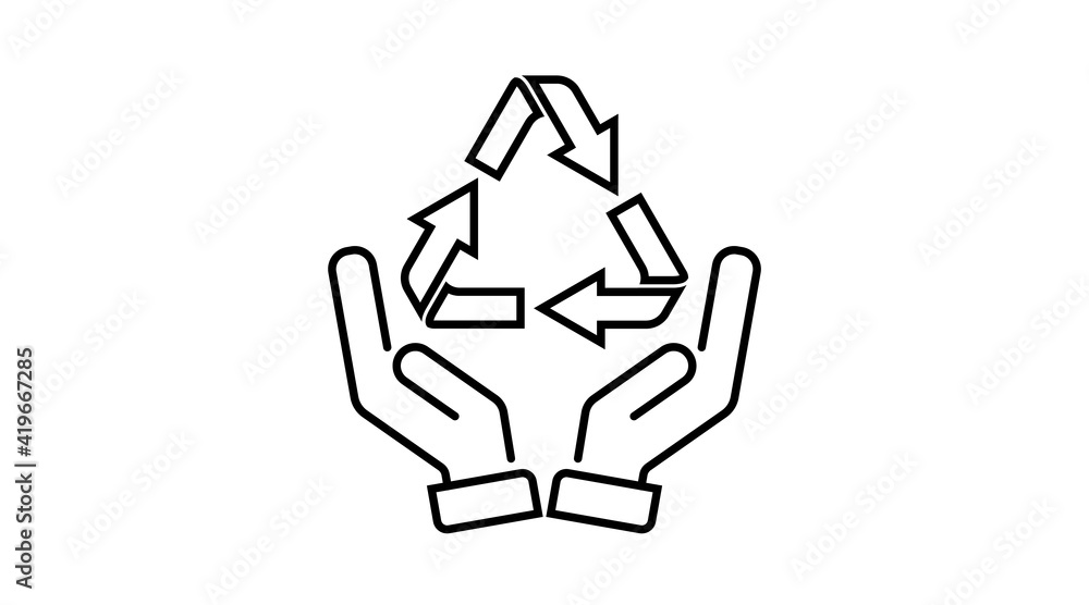 hand holds a recycling sign, icon. recycle, logo linear style isolated. design vector illustration hand holds a recycling sign, icon. recycle, logo linear style isolated. design vector illustration