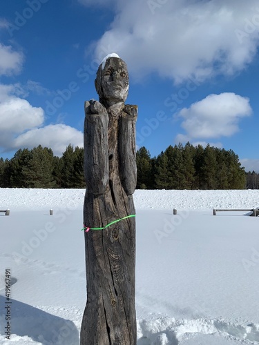 pagan wooden Chuvash idol  in winter (Baskaki, Chuvashia Republic, Russia) photo