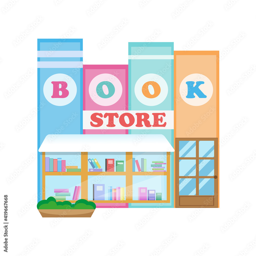 Bookshop building in the form of books on white background.  Vector extraordinary bookstore 