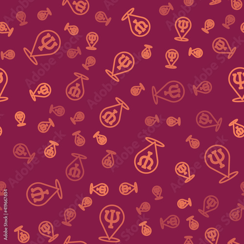 Brown line Psychology icon isolated seamless pattern on red background. Psi symbol. Mental health concept, psychoanalysis analysis and psychotherapy. Vector.