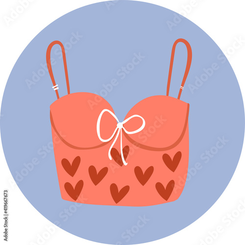 Stylish trendy bra lingerie with heart ornament, laces, corset. Ideal swimwear, beachwear icon on a blue background.