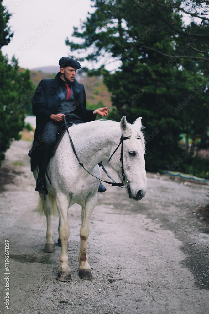 Stylish guy on a white horse Stylish guy on a white horse