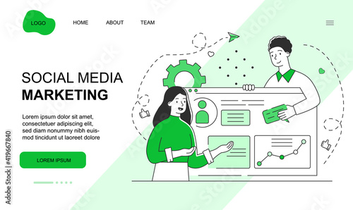 Male and female characters are working on social media marketing together. Young man and woman are creating content fro smm. Website, web page, landing page template. Flat cartoon vector illustration