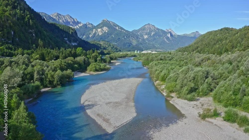 Füssen, an aerial view over the river Lech. Town Füssen near Neuschwanstein castle, Bavaria, Germany.