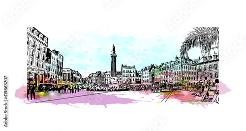 Building view with landmark of Lille is the 
city in France. Watercolour splash with hand drawn sketch illustration in vector. photo