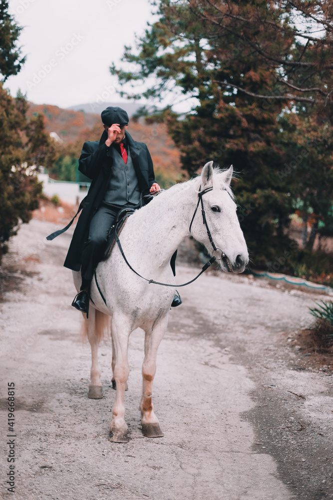 Fototapeta premium Stylish guy on a white horse