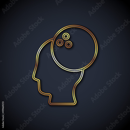 Gold line Bowling ball icon isolated on black background. Sport equipment. Vector.
