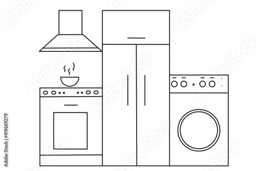 Appliances. Outline drawing. Icon, emblem, silhouette, logo, button. Used for advertisements, flyers, brochures on website pages. Product designation.