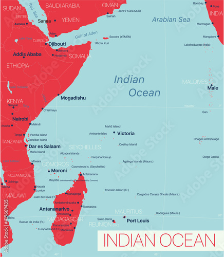 Indian ocean region detailed editable map with regions cities and towns, geographic sites. Vector EPS-10 file