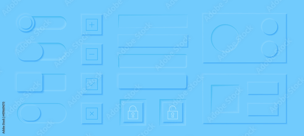 Obraz premium Neumorphism style elements vector set. Modern website or mobile app design. Volume control buttons and knobs. Minimal style neumorphism buttons. Neumorphic UI UX interface.