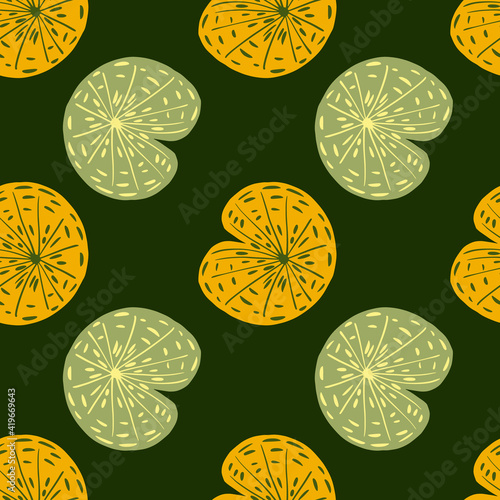 Japanese lake foliage seamless pattern with orange and pastel tones lily water ornament. Green dark background.