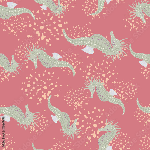 Decorative abstract seamless pattern with grey random seahorse silhouettes. Pink background with splashes.