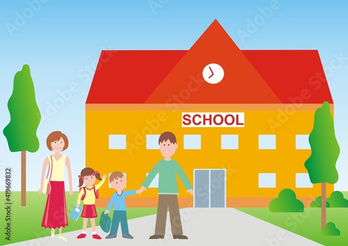 Schoolhouse and parents with kids, vector illustration