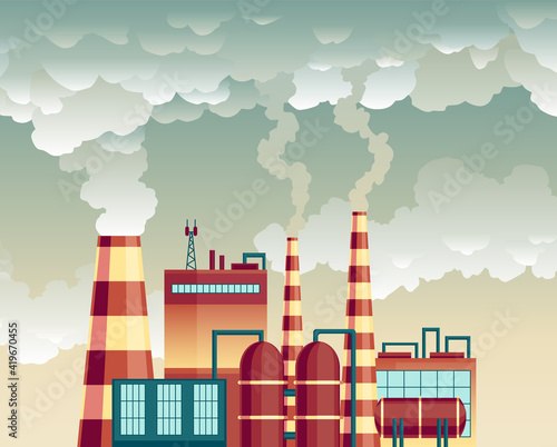 Plant with pipes from which smoke comes out. Ecological disaster. Nature ecology elements and ecology problem concept in flat style