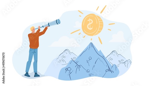 Vector cartoon flat character looking into the distance on gold coin using telescope - new idea search,future vision,new beginnings,opportunities,new business,profit searching,money investing concept