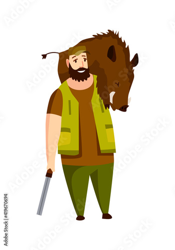 Hunter character with rifle and booty on his shoulders. Hunted wild boar. Man with a gun in camouflage in cartoon style. Human with weapons on hunting