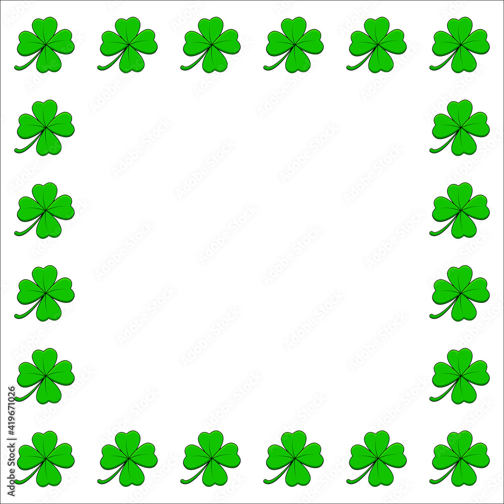 Clover square frame. Four leaf shamrock border with copy space. Vector empty background isolated on white.