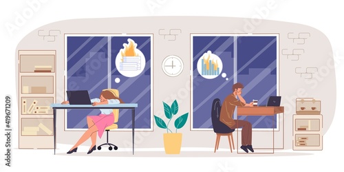 Cartoon flat employee characters at work stress scene.Burnout tired employees sleep,thinks about works failure at office workplace-productivity,deadline,time management web site banner concept